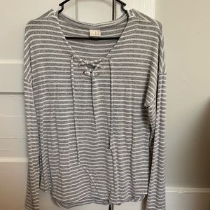 Grey and White Striped Lace up front sweater
